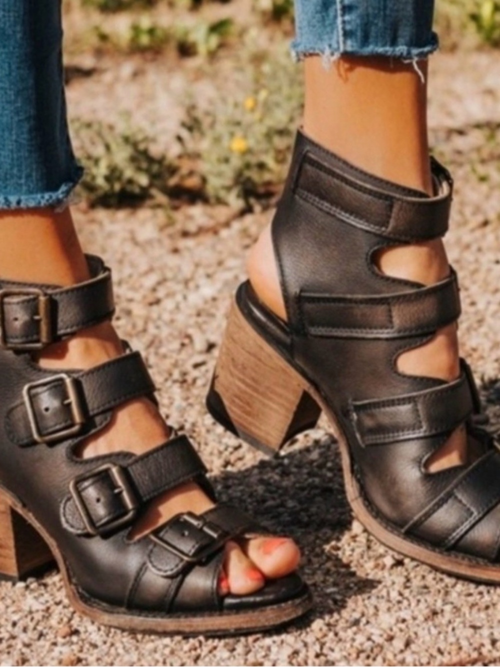 freebird Quail Black Multi-Strap Buckled Block Heel Sandals
